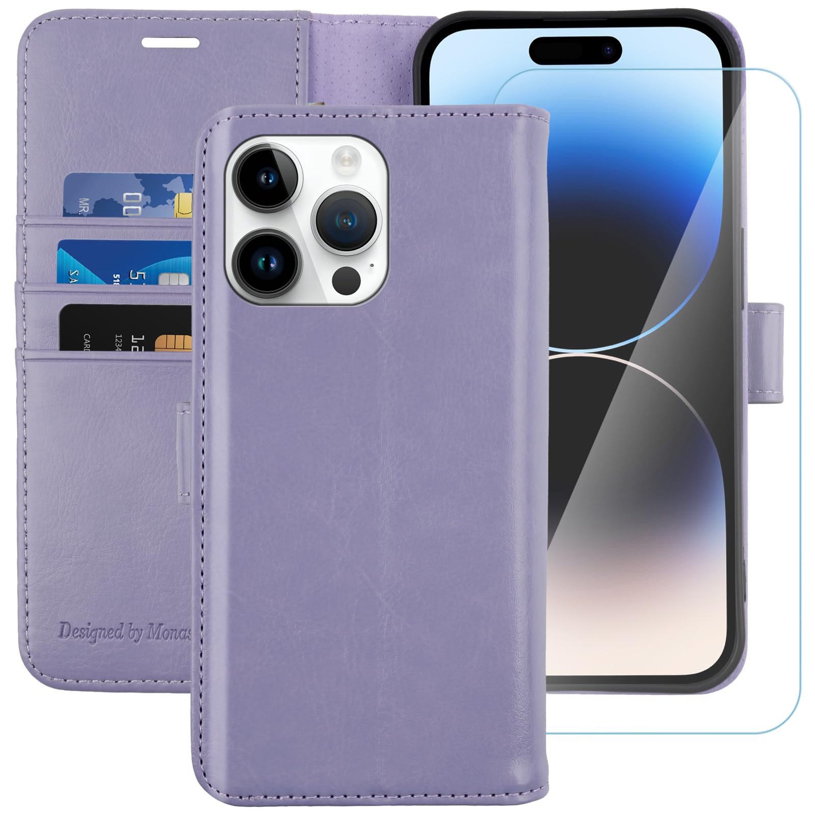 MONASAY Wallet Case for Apple iPhone 14 Pro Max 5G,6.7-inch,[Glass Screen Protector Included] [RFID Blocking] Flip Folio Leather Cell Phone Cover with Credit Card Holder,Lavenders