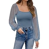 Womens Mesh Long Sleeve Shirts Dressy Tops, Casual Puff Sleeve Blouses Shirts for Women, Scoop Neck Casual Blouses Fall Tunic Tops (Blue, L)