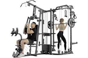 GMWD SmithΔ Machine Power Cage, Multi-Function Home Gym System with Cable Crossover System, Dual-Sided Workout Station with 121LBS Weight Stack, Power Rack, Functional Trainer, All in One Home Gym