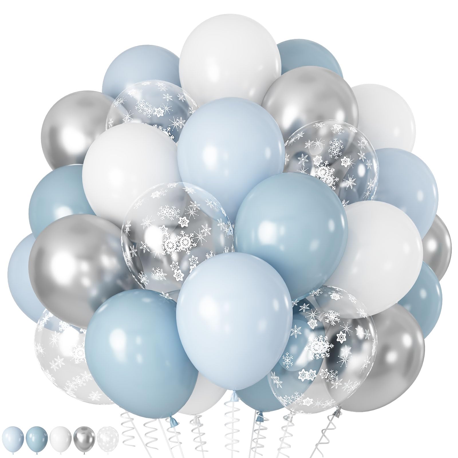 Froova Blue Winter Wonderland Balloons, 60 PCS 12 Inch Dusty Light Baby Blue White and Silver Balloon Snowflake Balloons for Boy Baby Shower Winter Christmas Holiday Birthday Party Decorations