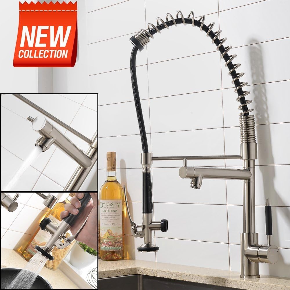 VAPSINT Good Value Solid Stainless Steel Pre Rinse Spring Single Handle Single Hole Double Spouts Brushed Nickel Pull Down Kitchen Faucet, Modern Pull Out Kitchen Faucets With Sprayer