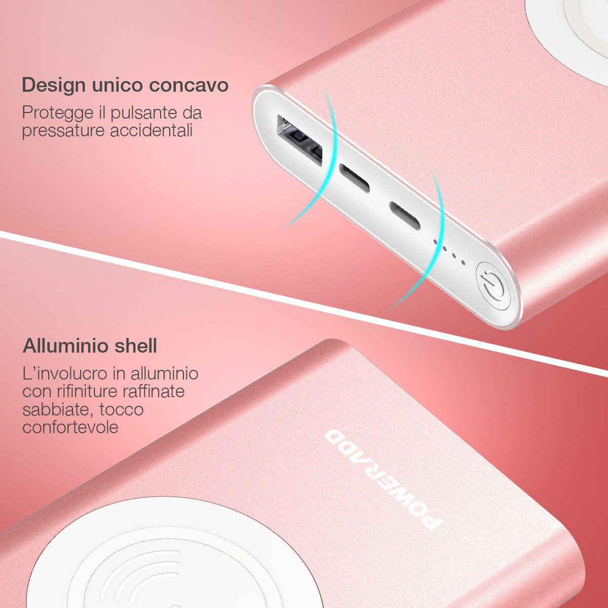 POWERADD Caricabatterie portatile Senza fili 10000mAh powerbank wireless Entrata di Lightning e di USB-C, 2 uscite per iPhone X/8, Samsung Galaxy S9/S8/S7/Note 8 e tanti altri (Cavo di Lightning e di USB-C sono inclusi)