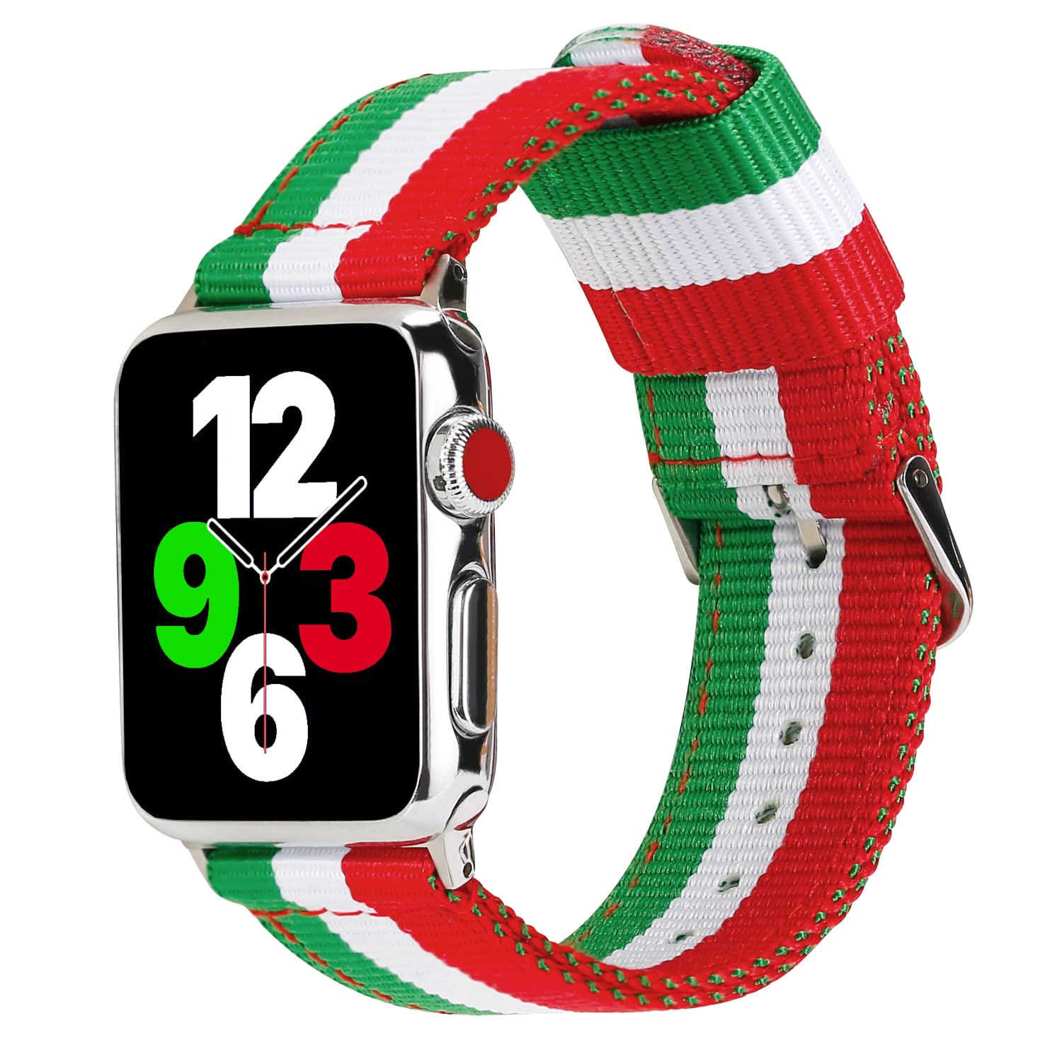 ESTUYOYA - Italy Strap Compatible with Apple Watch 41mm 40mm 38mm, (42mm-Serie 10), Series 10 9 8 7 6 5 4 3 2 1 SE SE2 Nylon Bracelet Italian Flag Colours Sporty - Silver
