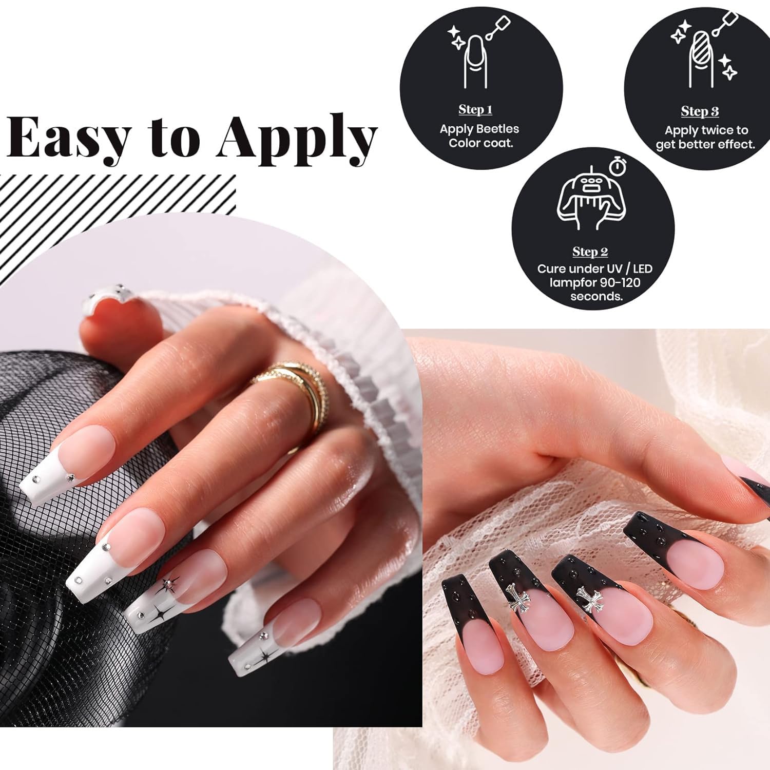 Beetles Gel Nail Polish Kit- 2 Pcs 15ml Black And White Gel Polish Black Gel Nail Polish White Gel Polish Soak Off Led Polish Nail Art Manicure Salon Diy at Home - Image 5