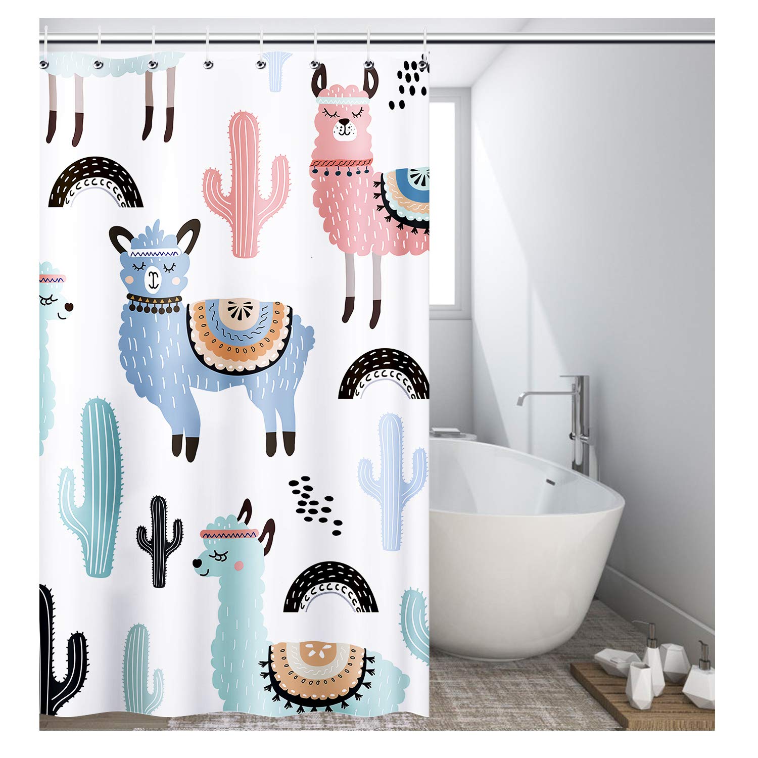 Vibesicily Shower Curtain, Durable Polyester Fabric Waterproof Bath Curtain for Bathroom Home Decor with 12 Hooks 71 x 71 Inch (Cartoon Alpaca, 71\'\'x71\'\')