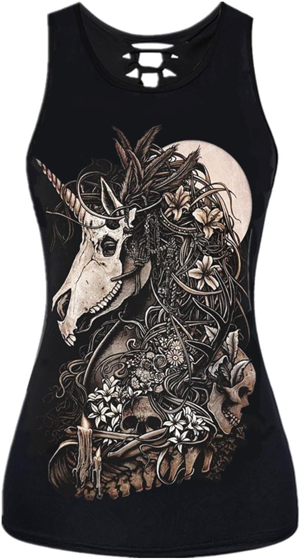 Mxssi Women's Girls Summer Sexy Casual Gothic Skulls Printed Rock Punk Vest Tee Top Tshirt