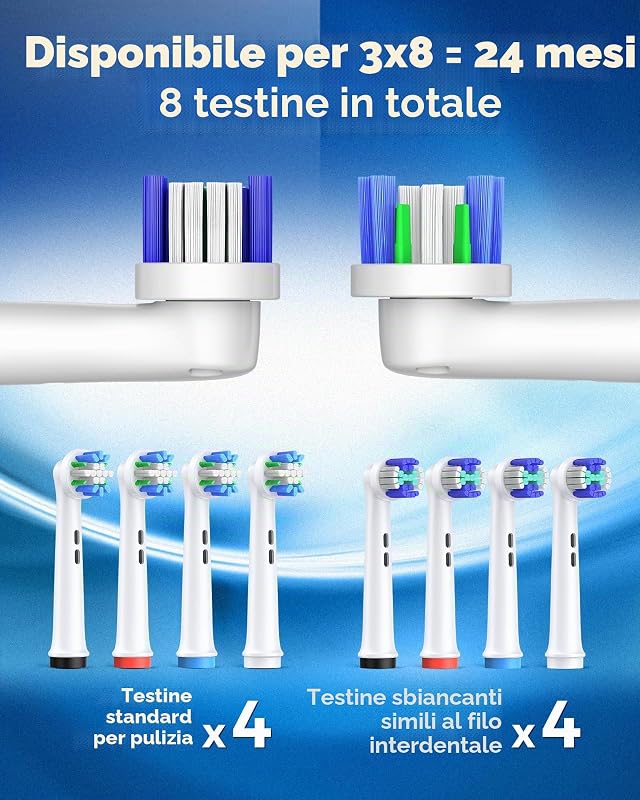 Spazzolino elettrico rotante per adulti con 8 testine (2 tipi) di potenza ricaricabile e 2 minuti di tempo intelligente, 4 modalità (Viola)