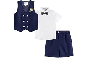 LOLANTA 4Pcs Summer Boys Suit, Kids Dress Clothes Shirt Vest Shorts Bow Tie, Waistcoat Tuxedo Wedding Ring Bearer Outfit