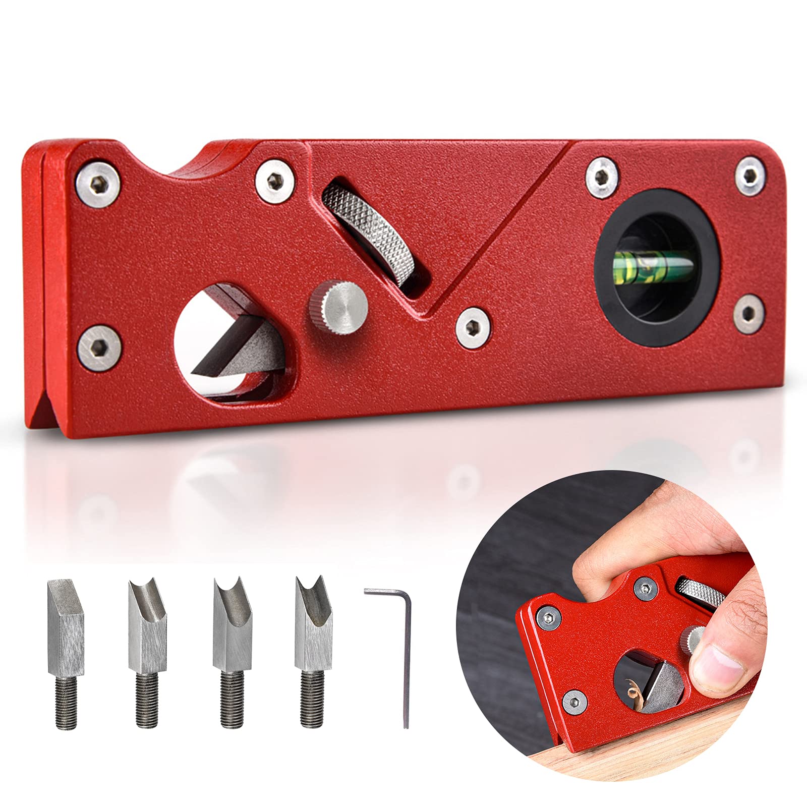 Chamfer Planer, 45° Woodworking Edge Corner Flattening Tool Bevel Edge Corner Plane Hand Manual Chamfering Trimming Planer with 4 Cutter Heads for Quick Edge Trimming of Wood Red