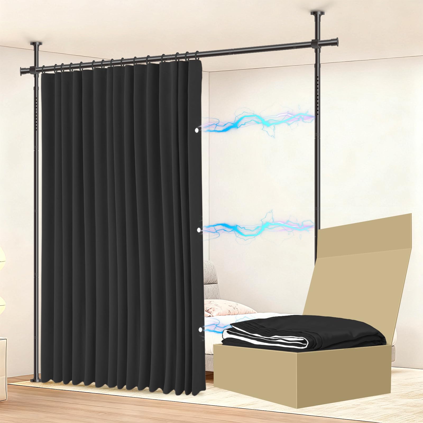 Photo 1 of Jilron No-Drill Room Divider Curtain Set: Includes 106" W x 96" L Black Curtain & Adjustable Pole Brackets (35-100" W x 43-120" H Adjustable Range)