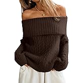 ELLEVEN Women’s Off Shoulder Cable Knit Sweater, Soft Oversized Pullover for Casual Fall Winter Outfits