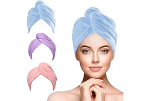 Microfiber Hair Towel,3Pack Fast Absorbent Hair Towels,Fast Drying Hair Turban,Caps with Buttons,Anti Frizz Super Absorbent T