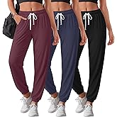 Velvelhall 3 Pack Women's Sweatpants Joggers Lightweight Lounge Casual Yoga Pants High Waist Elastic Drawstring with Pockets(Black, Blue Gray, Wine Red,Large)
