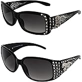Rodeo Queen 2 Pairs of Fashion & Studded Sunglasses for Women Black Frame w/Metal Accent Piece Bling Rhinestones & Smoke Gradient Lenses