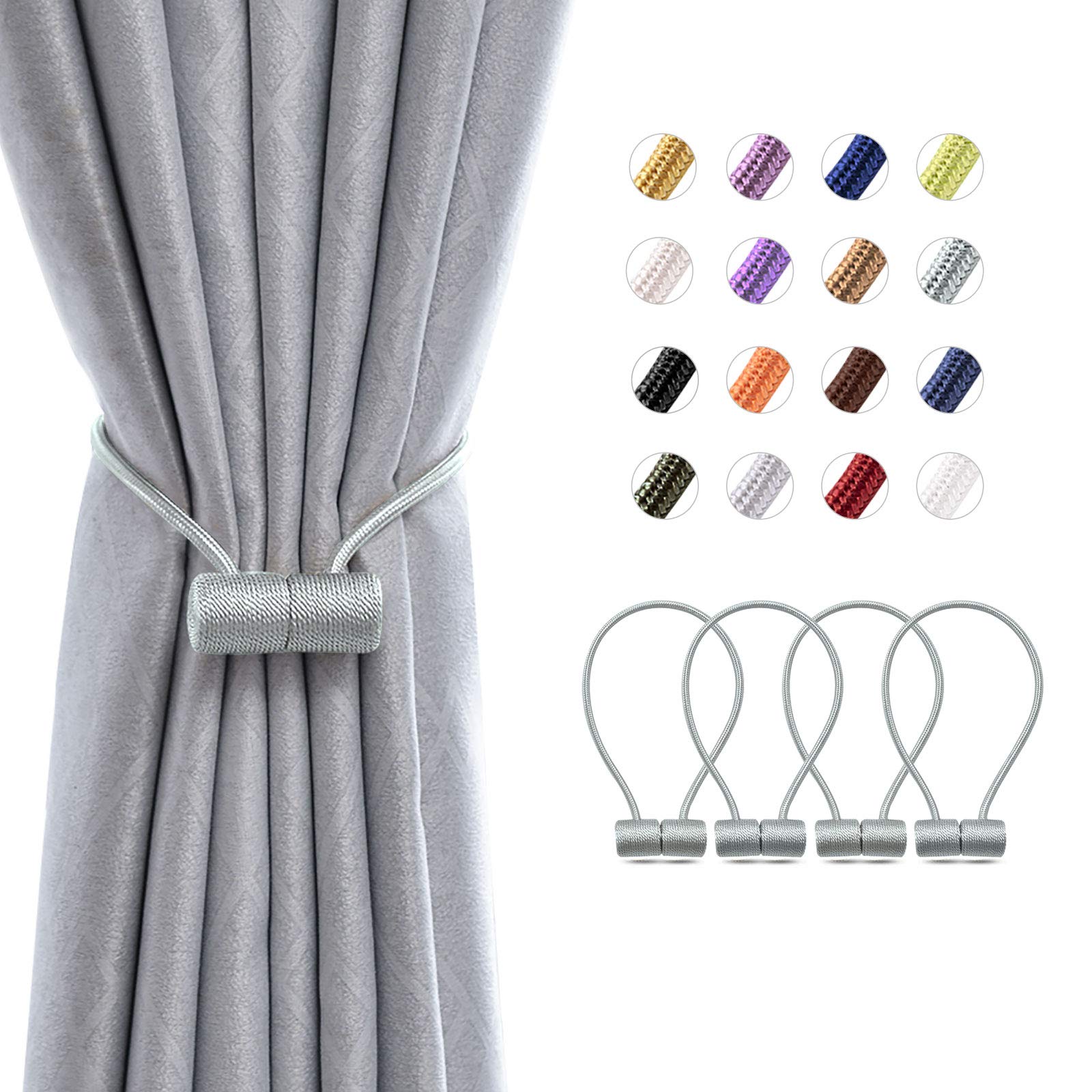 Pretty Jolly 4 Pack Magnetic Curtain Tiebacks 16 Inch Modern Handmade Weave Rope Curtain Holdbacks Convenient Decorative Curtain Drape Tie Backs for Home and Office Window Drapery (Blue-grey)