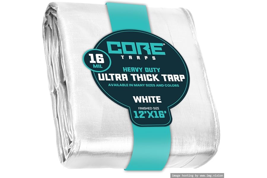 Core Tarps Extra Heavy Duty 16 Mil Tarp Cover, Waterproof, UV Resistant, Rip and Tear Proof, Poly Tarpaulin with Reinforced Edges for Roof, Patio, Pool, Boat (White 12′ X 16′)