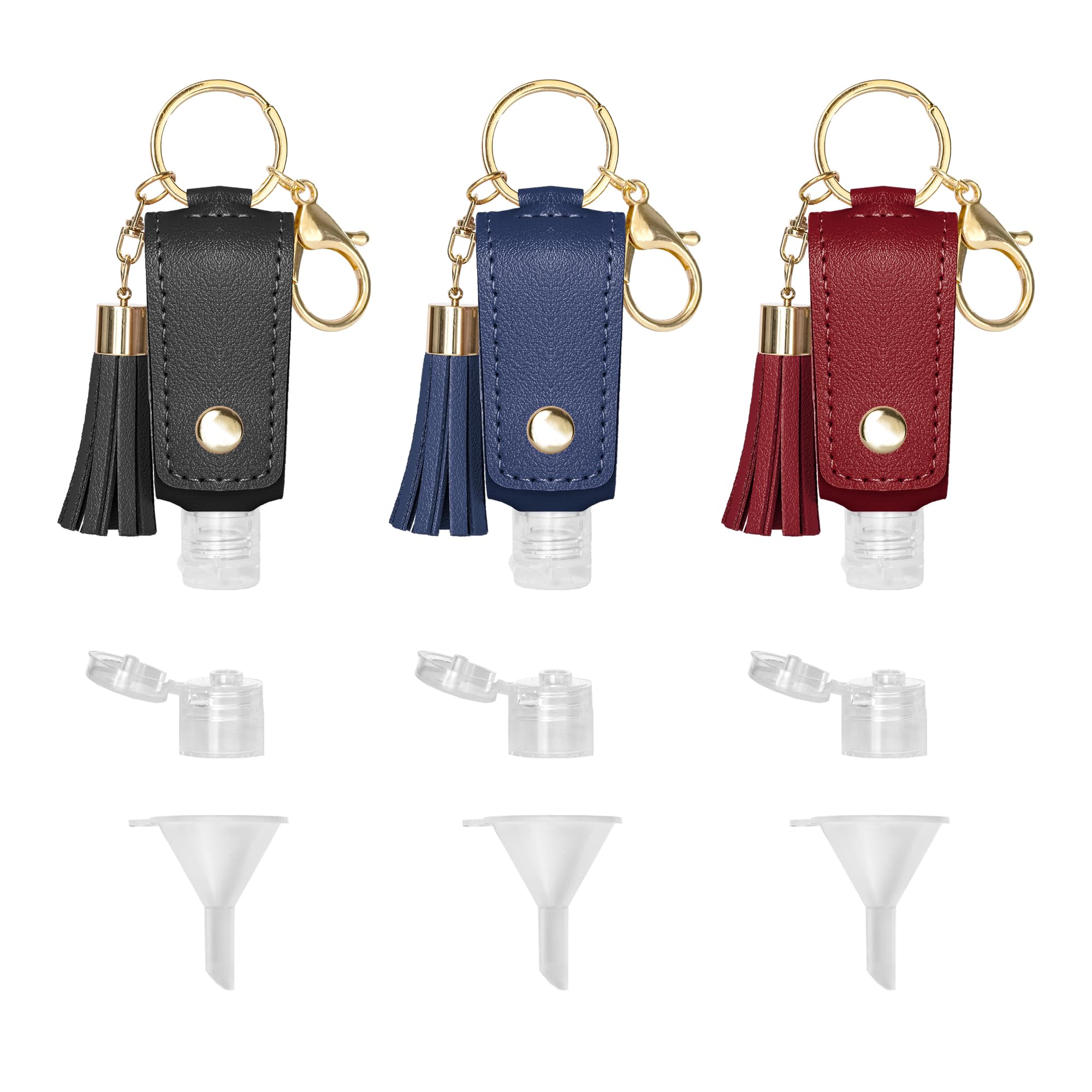 3PCS 30ml Refillable Bottle Keychain Portable Bottle Reusable Travel Bottle with PU Leather Cover, Funnels, Hook for Outdoor Trip Shopping School (Palacy)