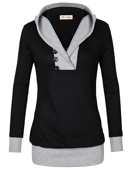 Timeson Womens Long Sleeve Shawl Collar Sport 2-in-1 Knitted Panel Hooded Casual Medium Black