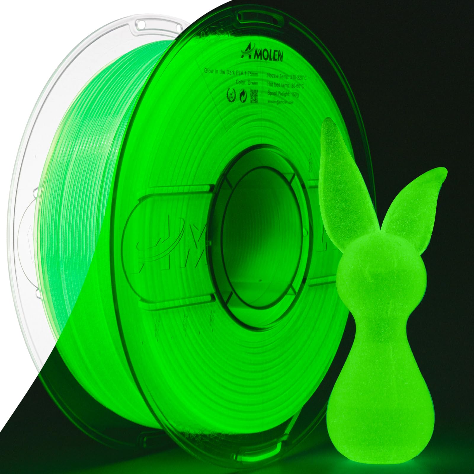 Photo 1 of AMOLEN 3D PLA Printer Filament, 1.75mm Glow in The Dark Green PLA Filament for 3D Printing, Best with UV Lamps, 1kg Spool (2.2lbs), Dimensional Accuracy +/- 0.02 mm, Fit Most FDM 3D Printers
