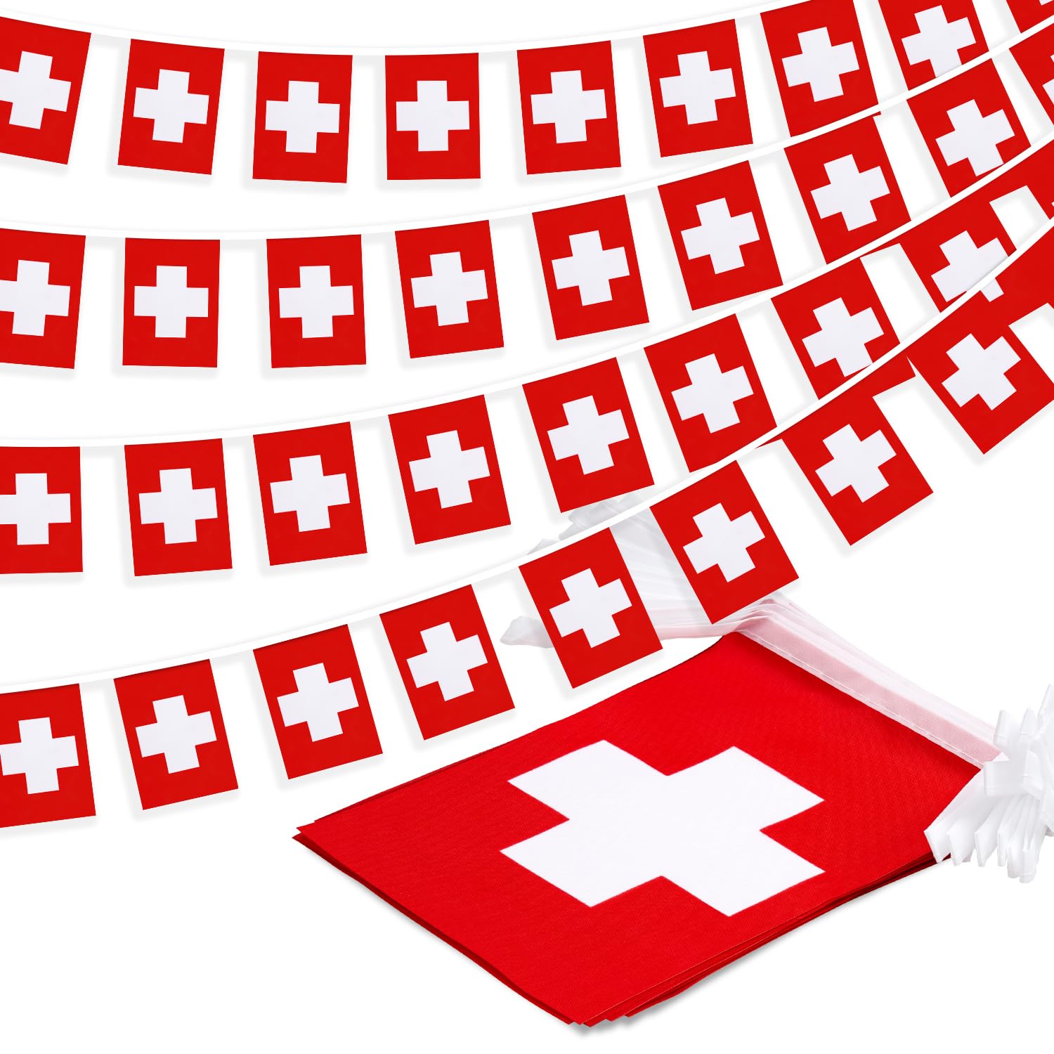 Photo 1 of Switzerland String Flag Pennant Banner, Small Mini Swiss Flags Bunting Banner, National Country Decoration for School, Party, Sports Events, Festival, 33 Feet 30 Flags