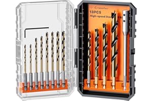 Crosstar 13-Piece Brad Point Drill Bit Set, HSS Black Gold Coating, Hex Shank Wood Drill Bits with Extension Rod & Case for Hardwood, Plywood, Plastic (1/8"-1/2")