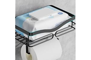 AIDILI Simple Toilet Paper Holder with Shelf - Toilet Roll Holder Self Adheisve&Wall Mounted Bathroom Organizer Decor for Wipes&Reading, Metal Black