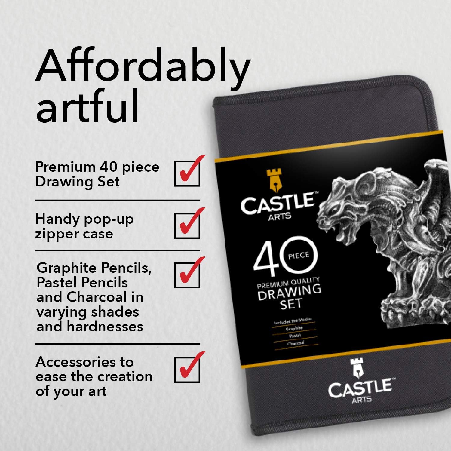 Castle Art Supplies Graphite Drawing Pencils and Sketch Set (40-Piece Kit), Complete Artist Kit Includes Charcoals, Pastels and Zippered Carry Case, Includes Rare Pop-Up Stand