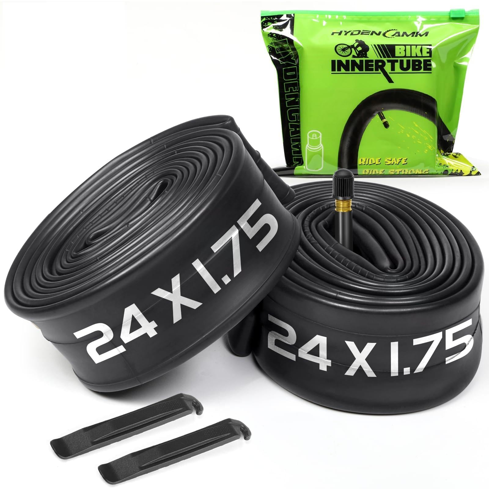 Photo 1 of 2-Pack Bike Inner Tube for 24 X 1.75/1.95/2.10/2.125", Premium 24x1.95 Bicycle Tube with 32 mm Schrader Valve 2PCS Levers, 24x2.125 Tube Compatible with Road/MTB/Kids Bike by Hydencamm (2 of One Size)