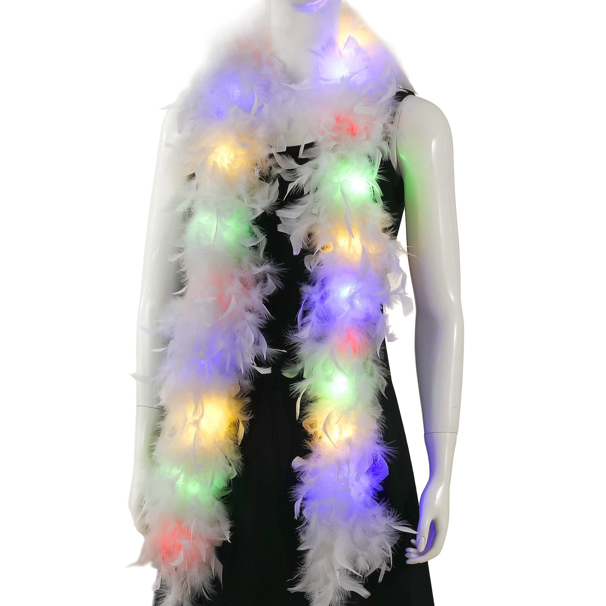 Larryhot White Light Up Feather Boa - 2 Yards 75g Colorful Turkey Boa Feathers for Party Bulk,Christmas,Wedding Centerpieces,Costume,Concert,Pet and Home Decoration (LED Boa - White)