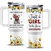 NIAXAUYT Chicken Gifts for Women - Chicken Tumbler Cup 40 oz - Funny Gifts for Chickens Lovers/Mom/Lady - Just a Girl Who Loves Chickens Themed Stainless Steel Mug, Sunflower