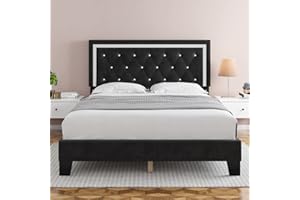HITHOS Queen Bed Frame, Upholstered Platform Bed Frame with Modern Adjustable Headboard, Diamond Tufted Mattress Foundation with Wooden Slat Support, No Box Spring Needed, Easy Assembly (Queen, Black)