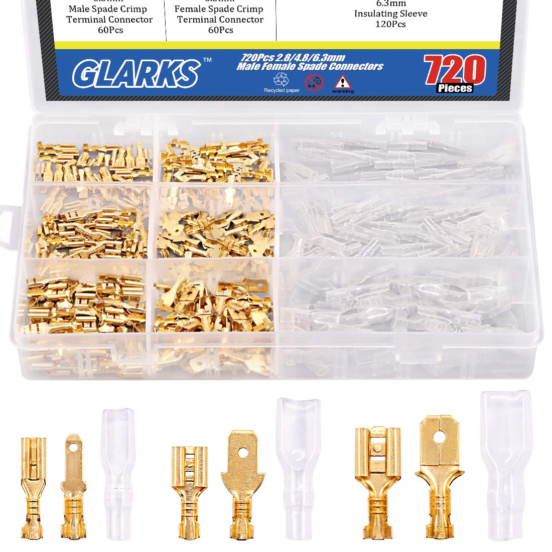 Glarks 720Pcs 2.8mm 4.8mm 6.3mm Male and Female Wire Spade Connector and Insulating Sleeve Assortment Kit Copper Wire Crimp Terminal Block with Nylon Sleeve Set for Car Audio Speaker