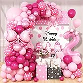 Pink 2nd Birthday Balloons Decorations, Hot Pink Rose Polka Dots Balloons Arch Kit, Huge Bow Foil Balloon, pink Number 2 Balloon Tower for Baby Shower Girls Princess 2nd Theme Party