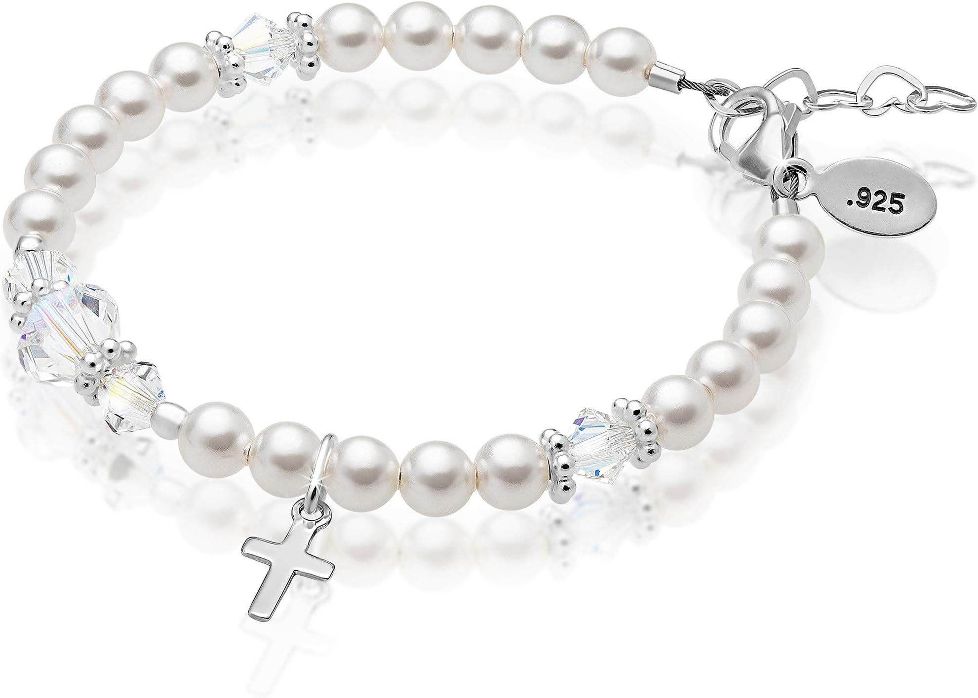 Baby Crystals Girls Sterling Silver Charm Keepsake Bracelet Embellished with Swarovski Simulated Pearls & White Crystals - Large (4-12 Years) White