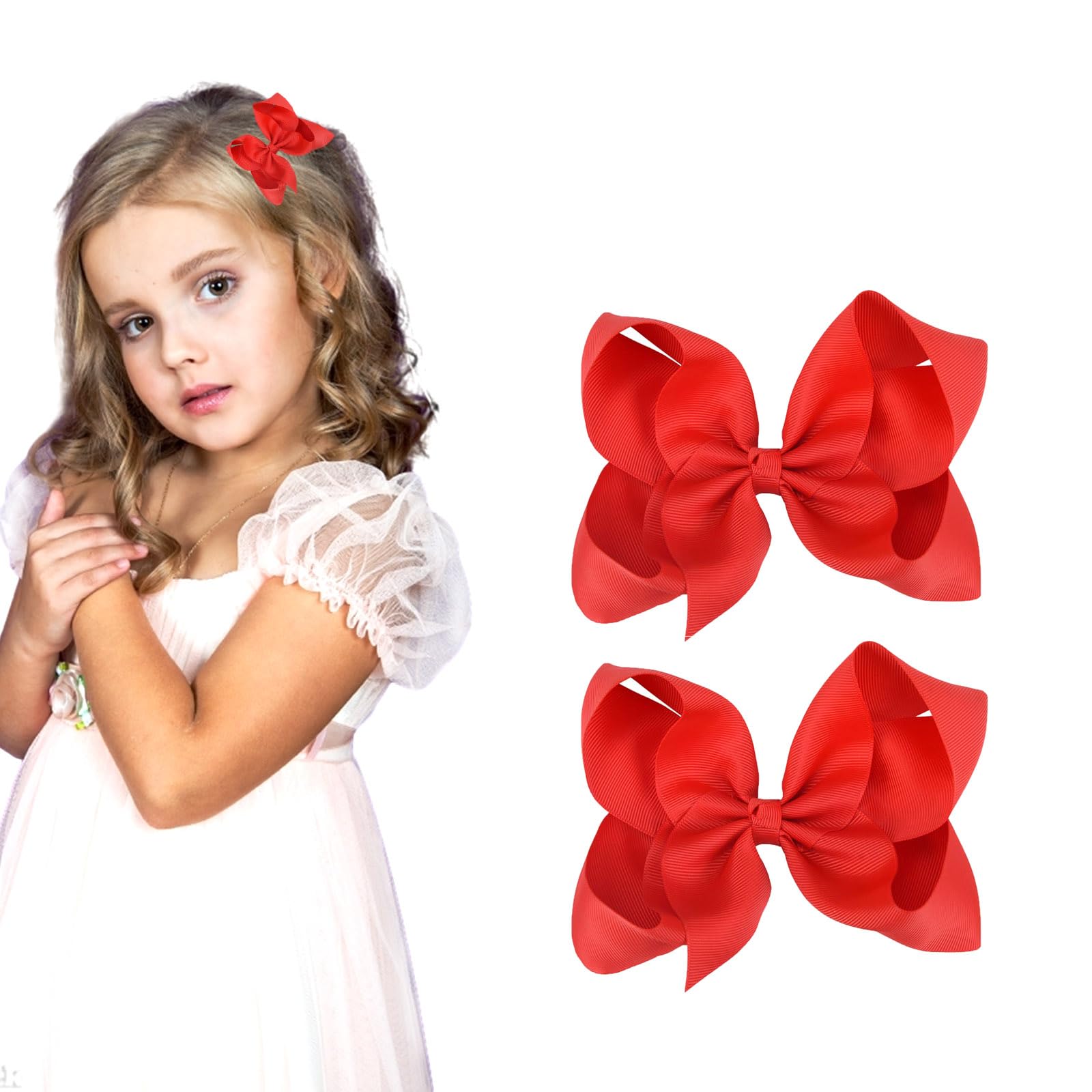 Photo 1 of 3 Inch Red Hair Bow Clips for Girls - Set of 2