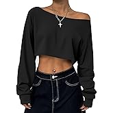 Remidoo Women's Off the Shoulder Cropped Sweatshirt Asymmetrical Neck Long Sleeve Crop Tops