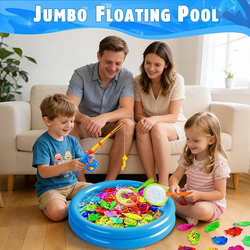 XXL Angelspiel Set mit Planschbecken Wasserspielzeug Kinder Outdoor & Poolspielzeug für Ihre 2 Kinder ab 3 Jahren -Strandspielzeug, Gartenspielzeug Badespielzeug Sandspielzeug inkl. 2 Angeln, 2 Eimer
