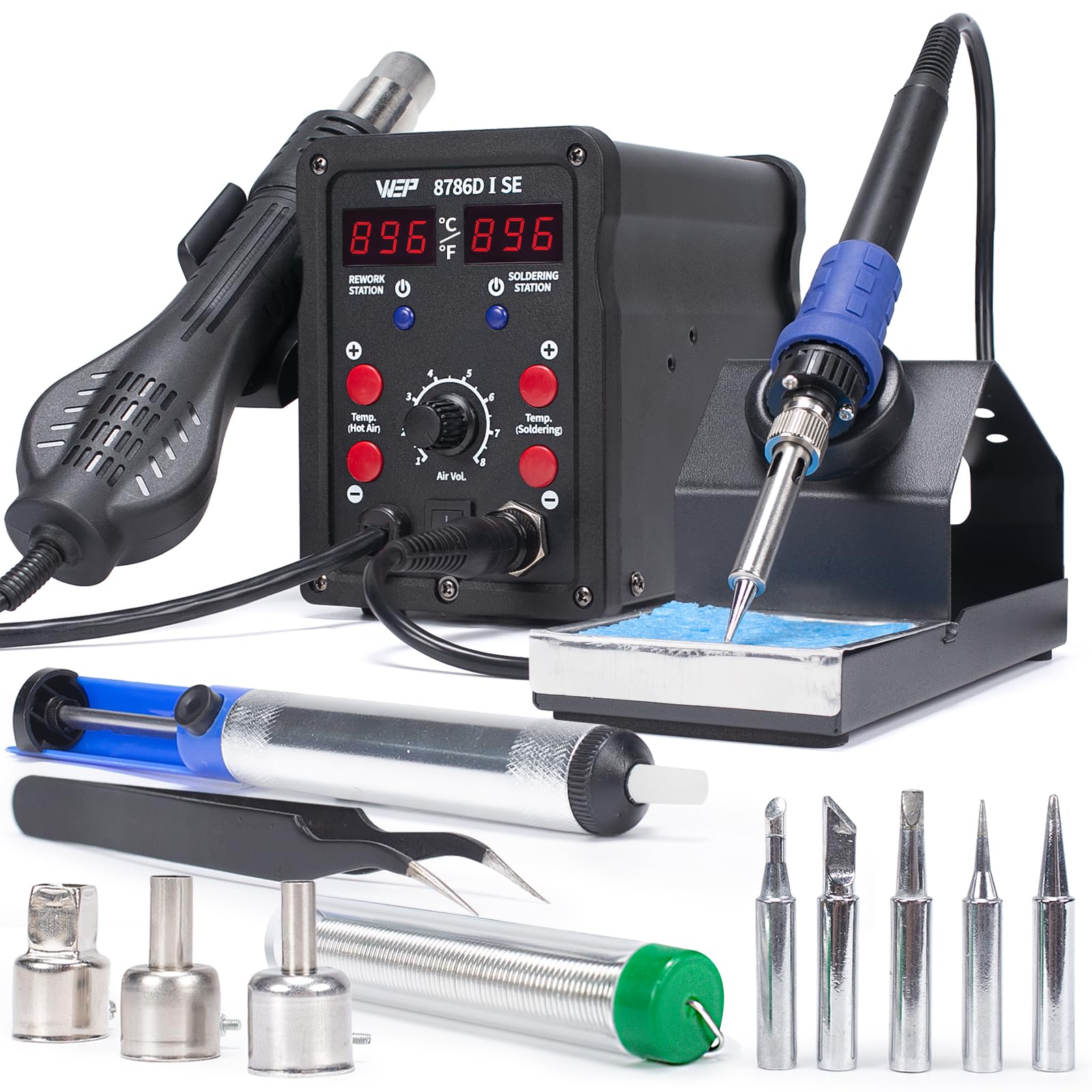 Photo 1 of WEP 8786D-I SE Hot Air Soldering Iron Station Kit 2-IN-1 for Rework, Desoldering with Lead-Free Solder Wire, 5 Soldering Tips, 3 Hot Air Nozzles,Tweezers, Desoldering Pump
