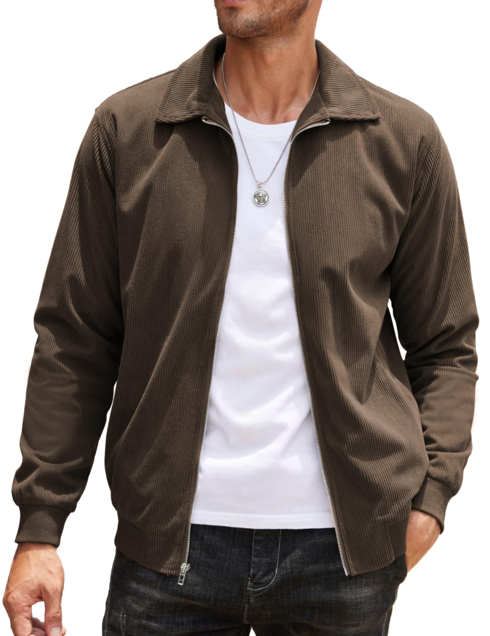 Photo 1 of COOFANDY Stylish Corduroy Jacket for Men Casual Warm Jacket Light Fall Bomber Jackets Brown with Pockets SMALL