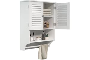ChooChoo Medicine Cabinet with Towels Bar, 23.6" L x8.9 W x29.3 H MDF Material Bathroom Wall Cabinet, 2 Doors Over The Toilet Space Saver Storage Cabinet with Large Space, White