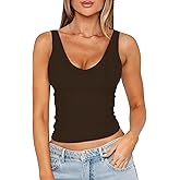 ForeFair Womens V Neck Sleeveless Backless Tank Top Slim Fit Going Out Crop Tops Double Layer Basic Casual Outfits