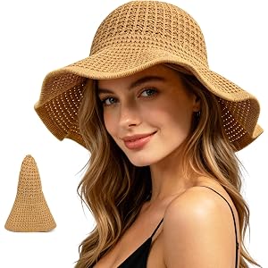 Sun Hats for Women Summer Straw Beach Hat UV Protection Floppy Wide Brim Travel Bucket Hat Foldable Packable