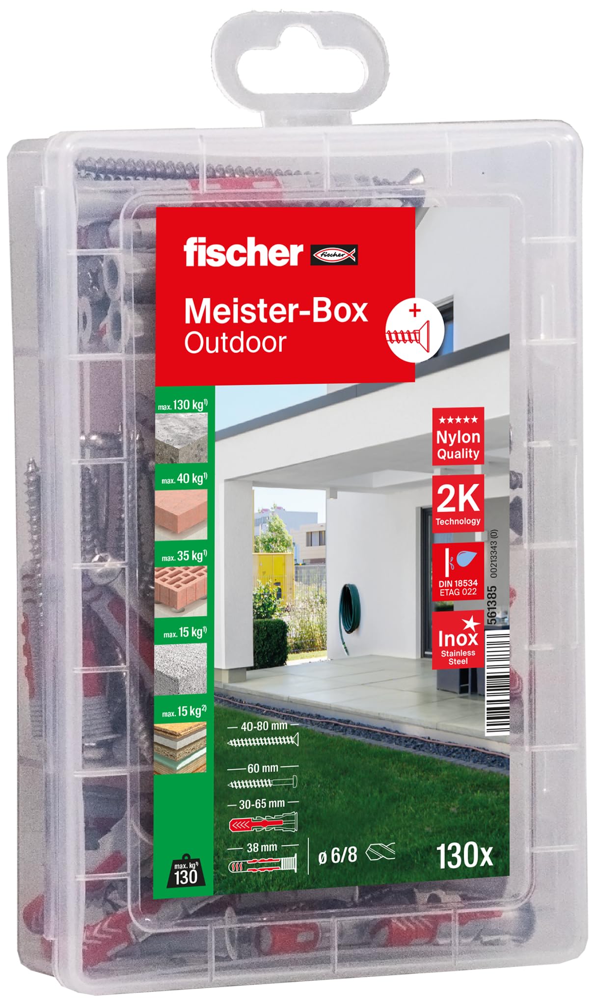fischer 561385 Wet & Exterior Dowel Box 130 Pieces with Stainless Steel Screws & Duopower & Duoseal Set for Fixings Outdoor and Indoor Practical Helper, Red