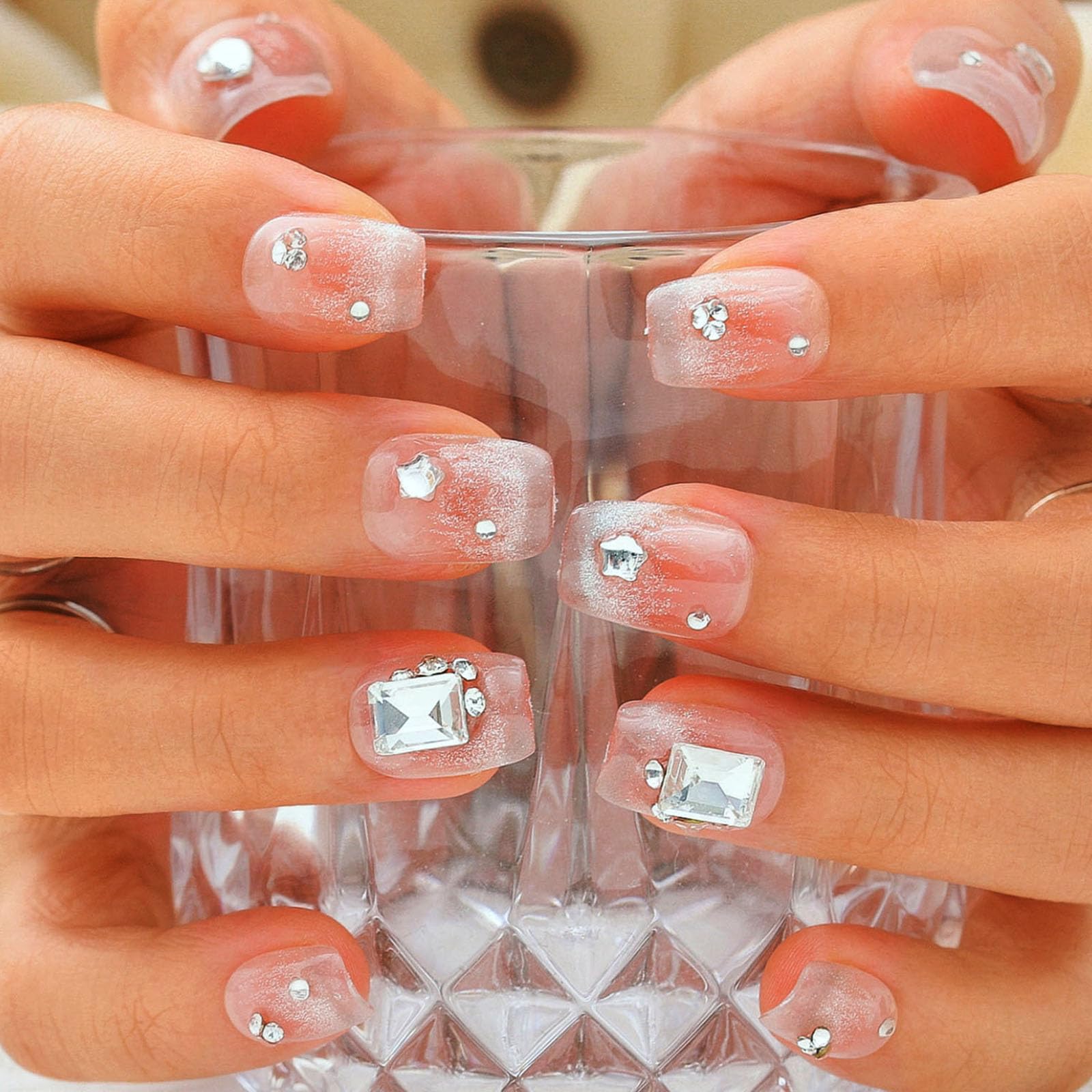 Sethexy Short Coffin Handmade False Nails - Blush, Heart Rhinestones, Cat Eye Press on Nails Women Salon Stick on Nails 10PCS — image 1