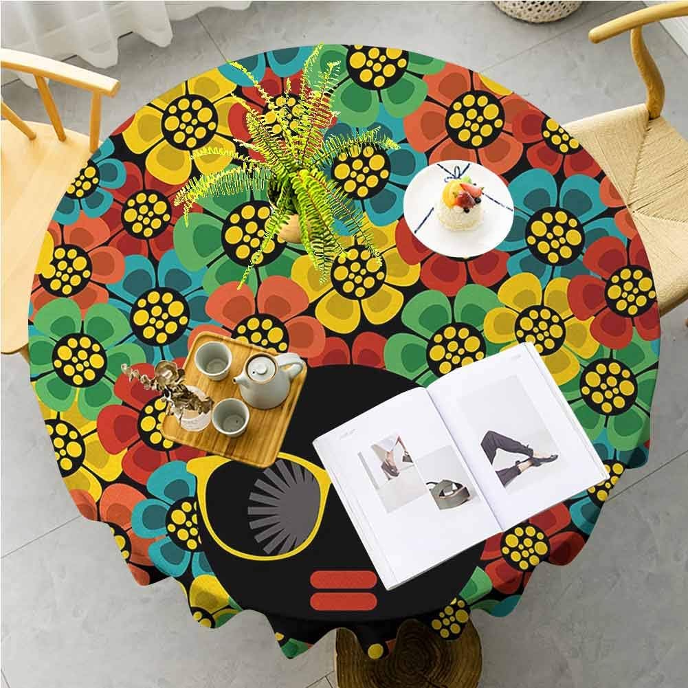 70s Party Tablecloth Abstract Woman Portrait Hair Style with Colorful Flowers Sunglasses Lips Graphic Polyester Spill-Proof Water Repellent Dining/Restaurant, 70" Round Multicolor