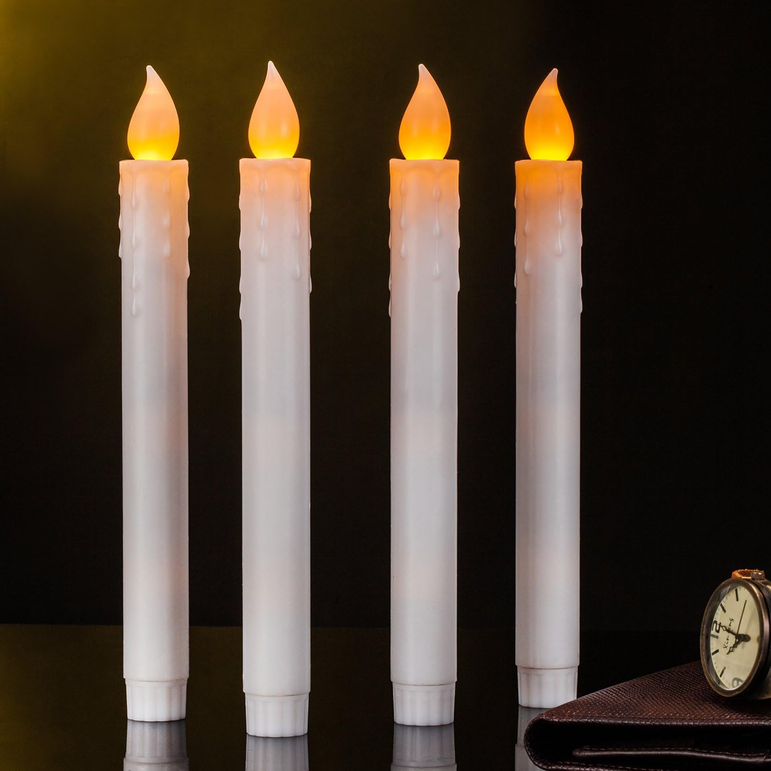 Set of 4 Flameless Ivory 9" Wax Dipped Flickering Amber LED Taper Candles