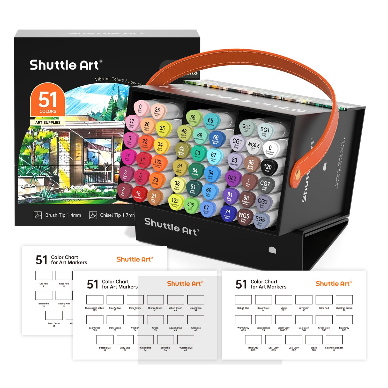 Shuttle Art 51 Colours Alcohol Markers Brush Tip, Dual Tip Art Pens and Colourless Blender, Brush & Chisel Felt Tip Pens with Case for Artists Adult Illustration Colouring Sketching Drawing