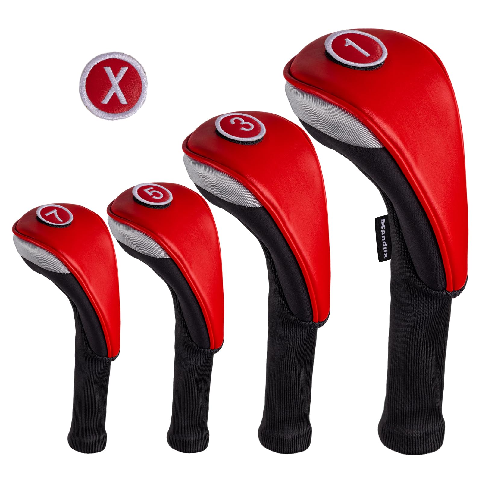 Andux 4pcs/Set PU Golf Wood Club Head Covers 460cc Driver with Long Neck Red