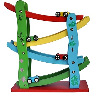 Trinkets & More - 4 Level Ramp Speeding Car Wooden Racing Car Miniature Track Set Kids 3+Years (Speeding Car)