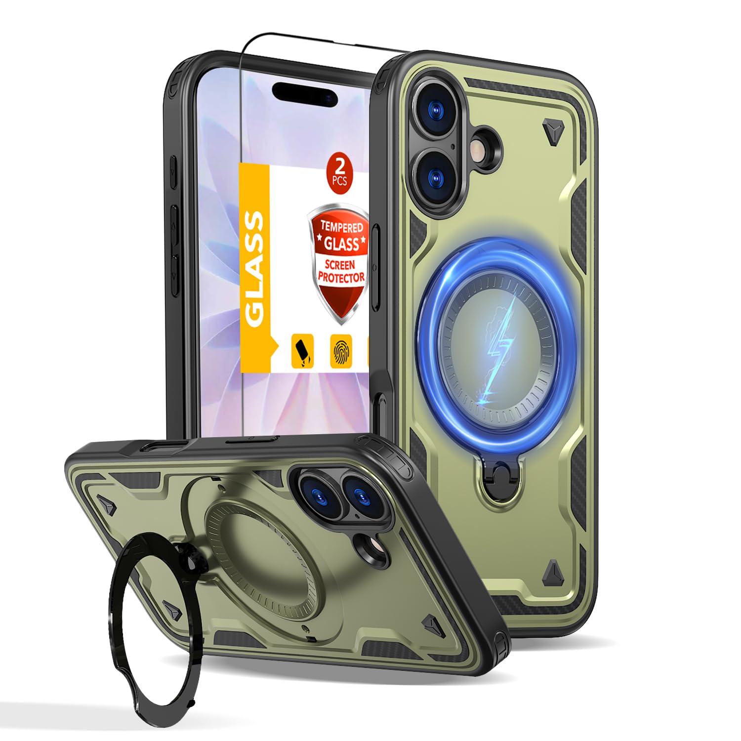 THBONRA for iPhone 17 Case Magnetic Compatible with MagSafe,with 2 Tempered Glass Screen Protectors,Built-in 360°Kickstand Ring,Phone Heavy Duty Protection Military Grade Drop Shockproof Rugged Green